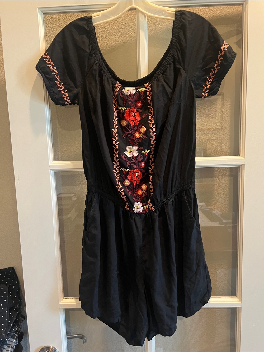 Old Navy Black Short-Sleeve Embroidered Romper with Floral Panel